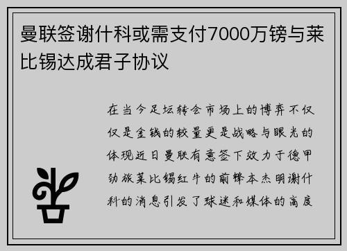 曼联签谢什科或需支付7000万镑与莱比锡达成君子协议